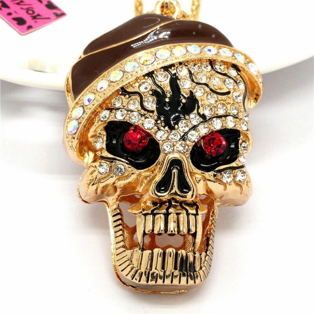 Crystal Skull Necklace Red Eyes with brown beanie